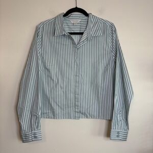 Garnet Hill Womens 14 Organic Pima Cotton Striped cropped Button Down Sage Green